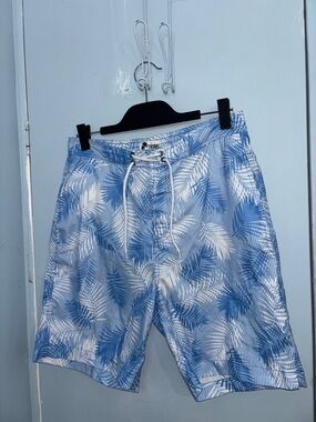 Trunks Blue and White Palm-Print Swim Shorts